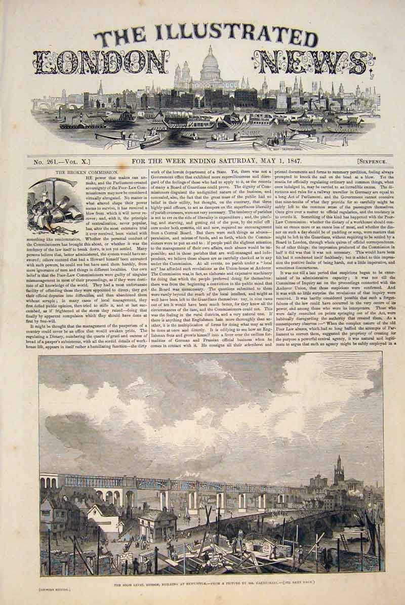 Original Old Antique Print Newcastle Carmichael Hig Level Bridge Building 1874