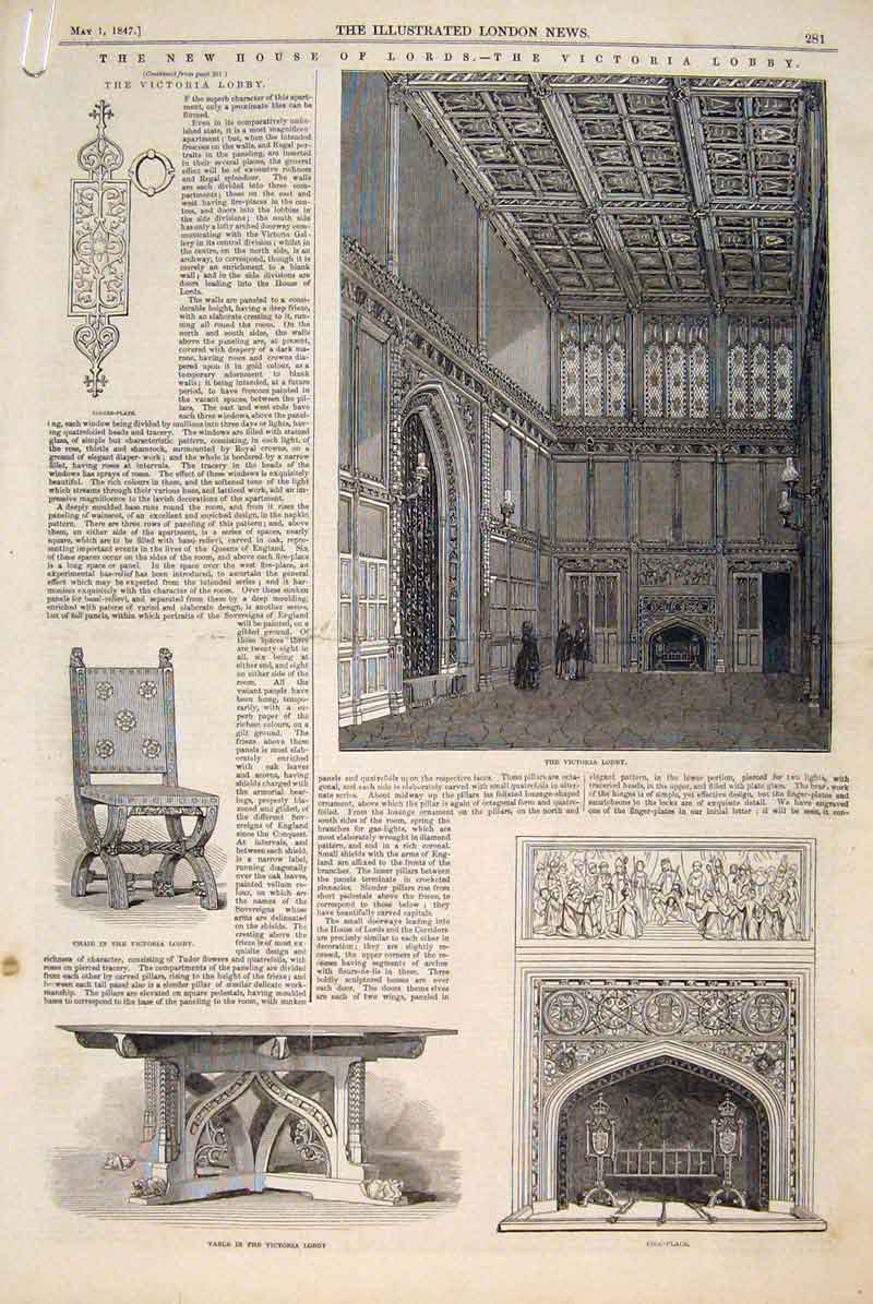 Original Old Antique Print House Lords Victoria Lobby Throne London 1847 19th