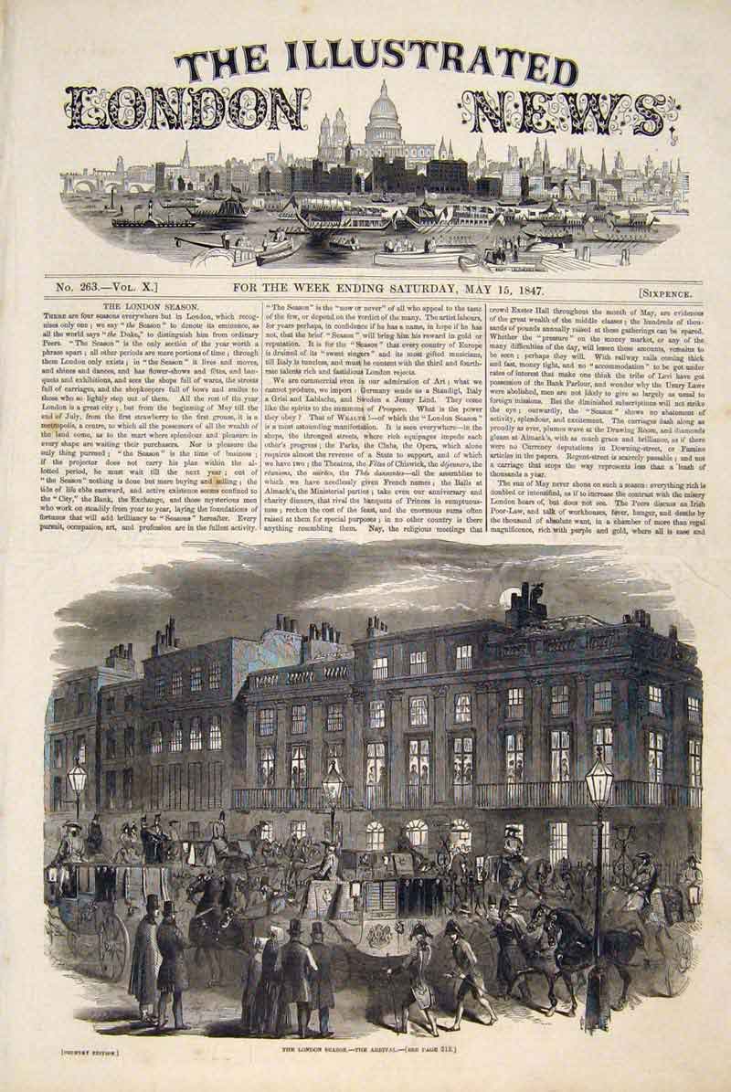 Original Old Antique Print London Season Arrival Coach Carriage 1847 Victorian