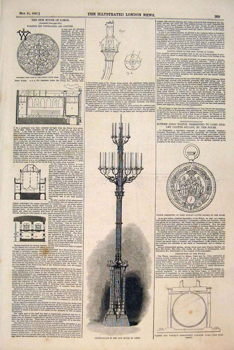 Original Old Antique Print House Lords Candelabrum Watch Dudley Poles Ornament