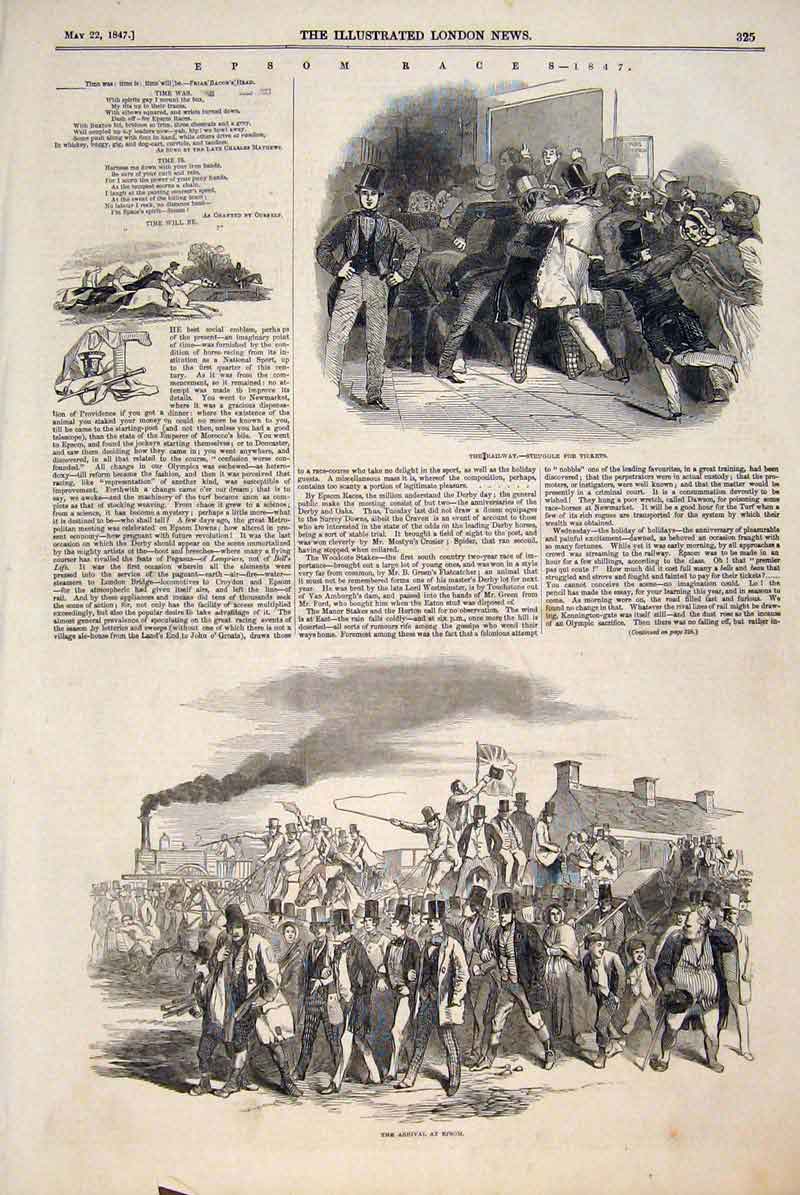 Original Old Antique Print Epsom Races Railway Tickets Horse 1847 19th