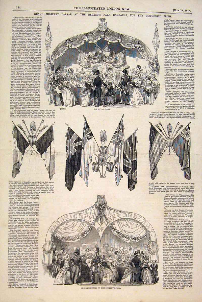 Original Old Antique Print Military Bazaar Regent'S Park Irish Londenderry Stall