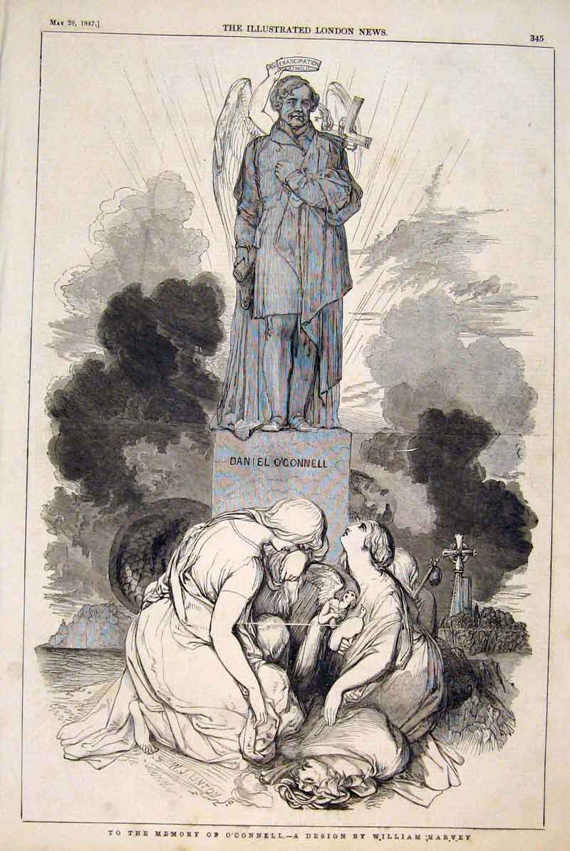 Original Old Antique Print O'Connell Harvey Statue Memorial 1847 19th