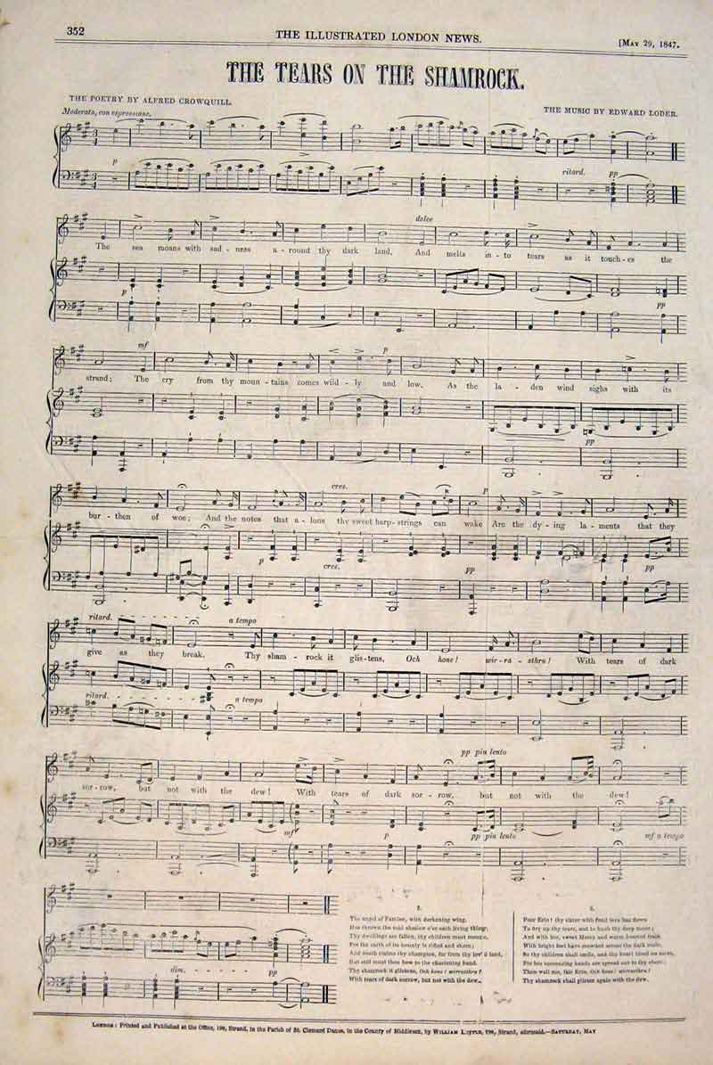 Original Old Antique Print Song Music Tears Shamrock Crowquill Loder 1847 19th