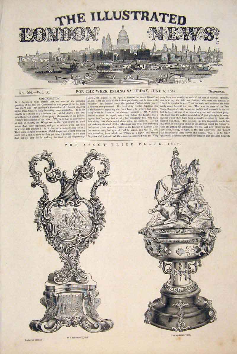 Original Old Antique Print Ascot Prize Plate Races Emperor'S Vase Queen'S 1847