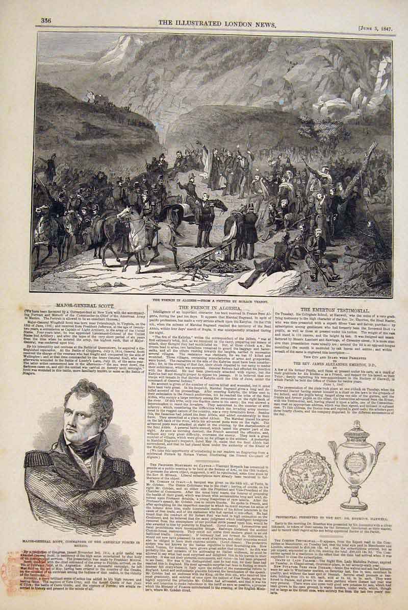 Original Old Antique Print French Algiers Vernet Portrait Scott Emerton Hanwell