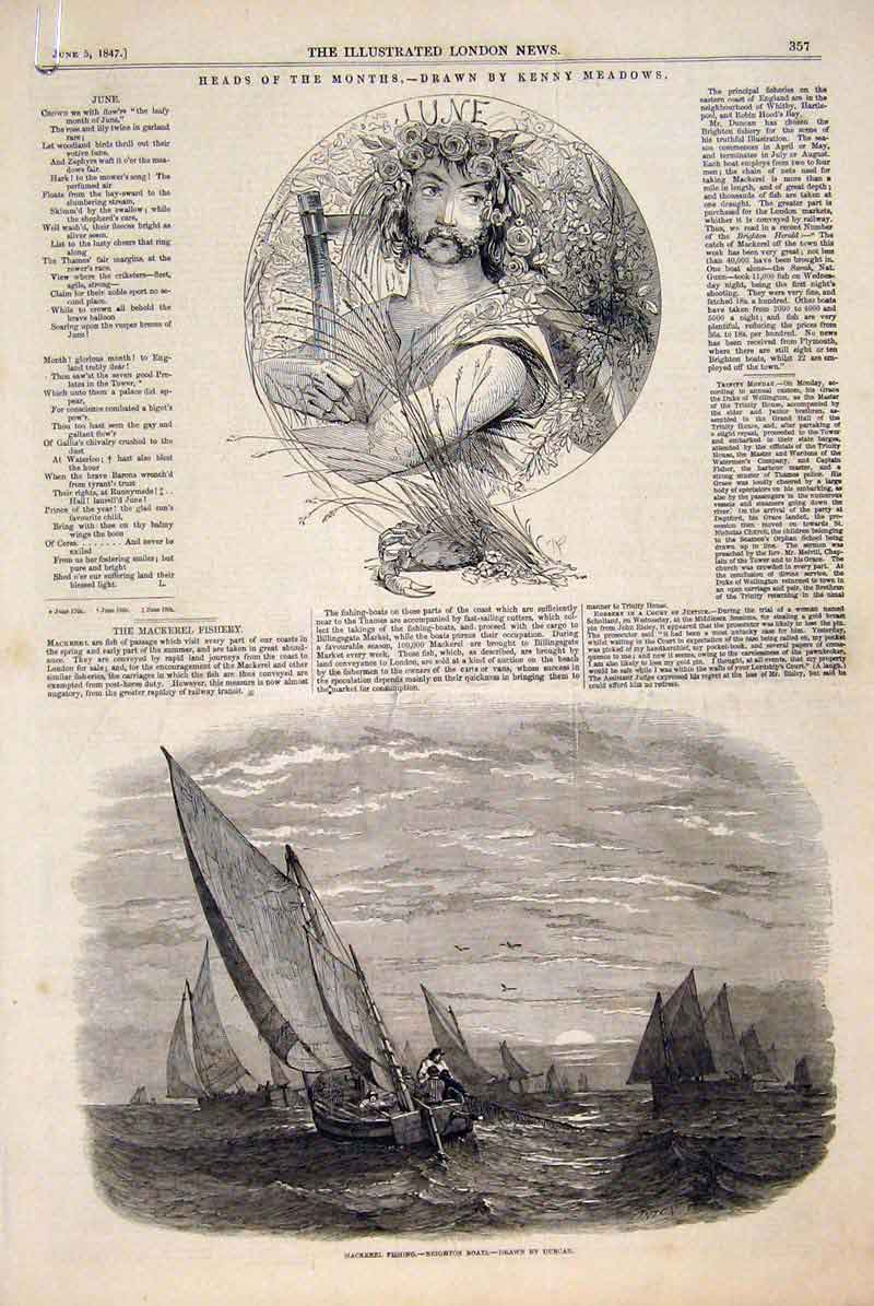Original Old Antique Print Month Heads Kenny Meadows 1847 19th