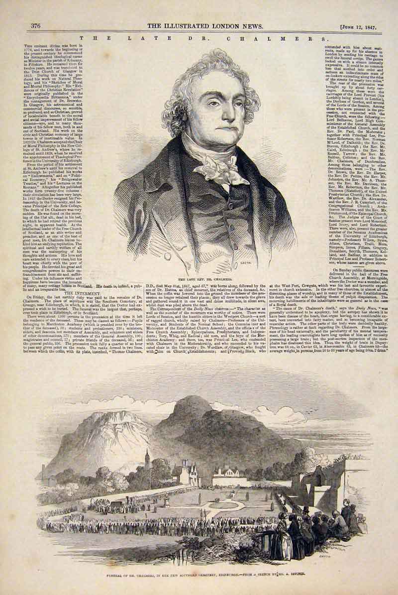 Original Old Antique Print Portrait Chalmers Dr Scotland Edinburgh Ritchie 1847