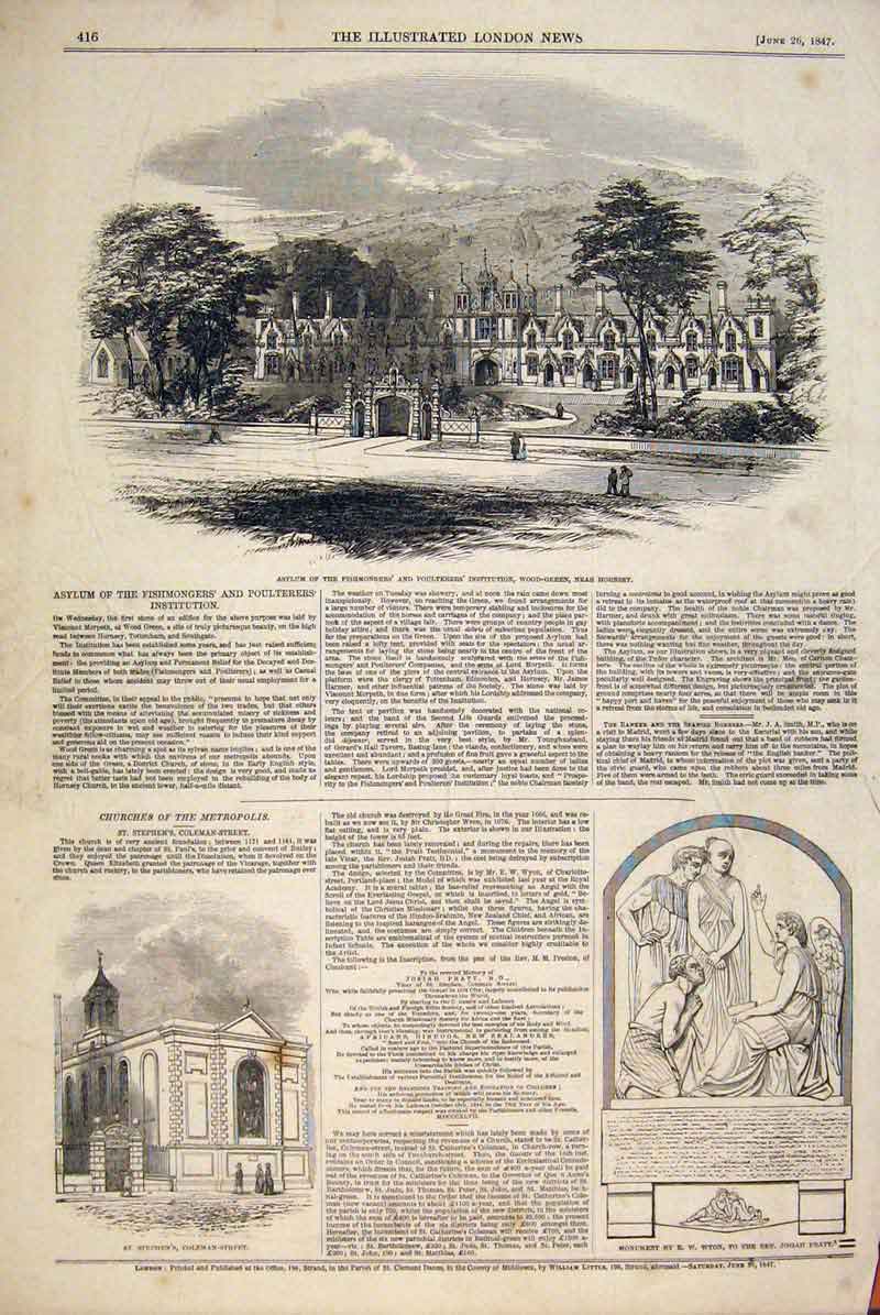 Old Antique Print Asylum Fishmonger Poulterer Hornsey Church Coleman Wyon