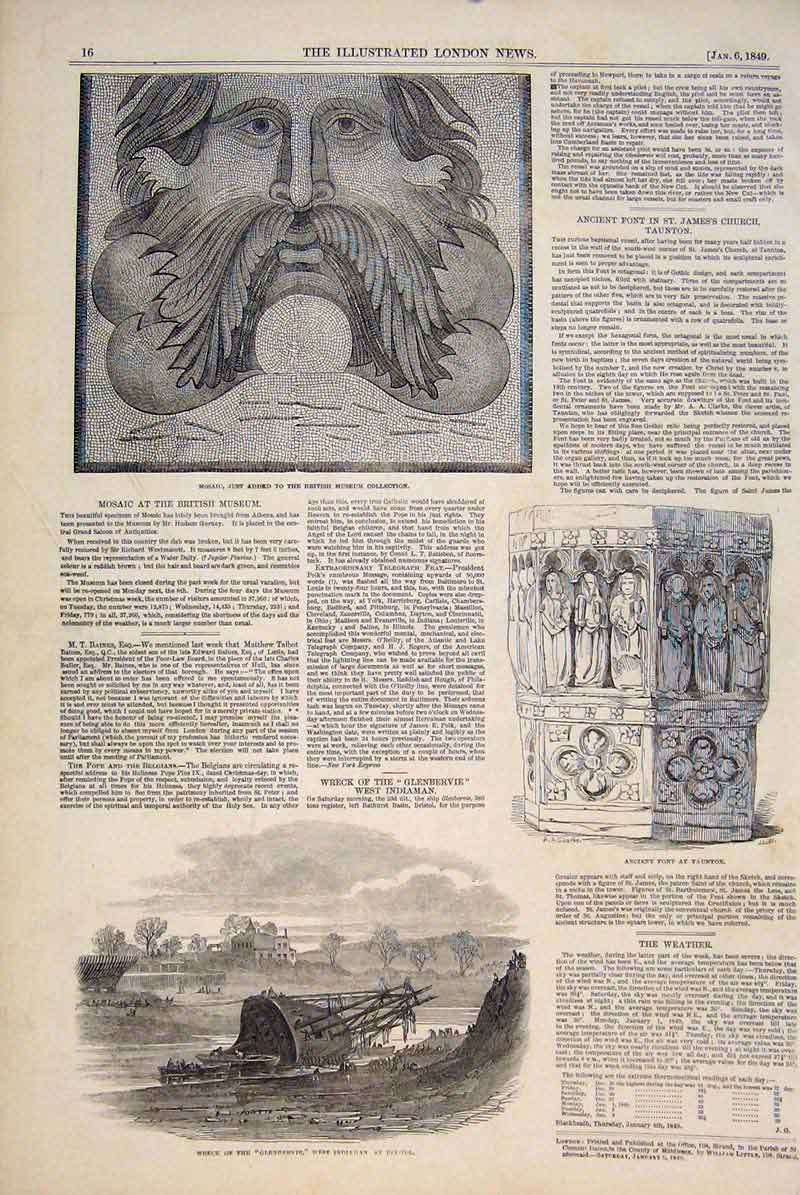 Old Antique Print Mosaic British Museum Taunton Wreck Bristol Glenbervie