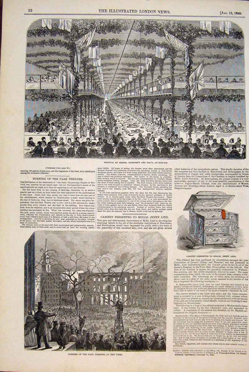 Original Old Antique Print Festival Ipswich Theatre New York Cabinet Lind 1849