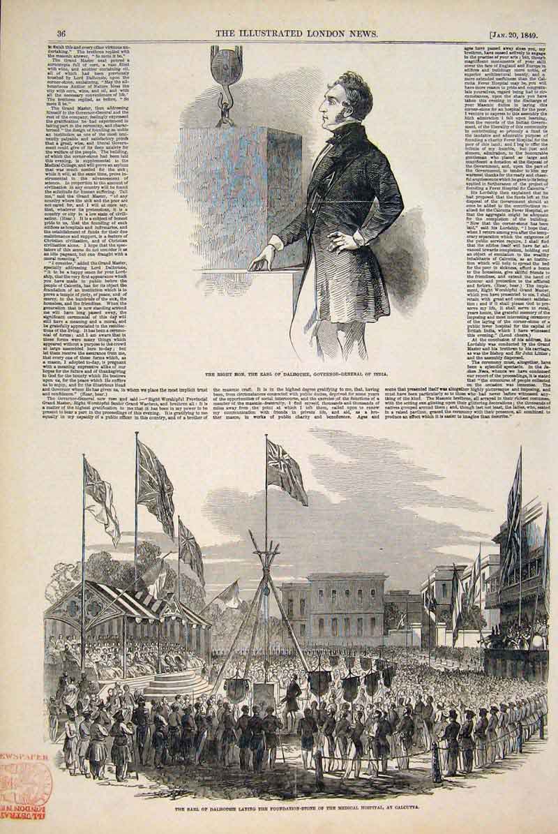 Original Old Antique Print Dalhouse India Medical Hospital Governor General 1849