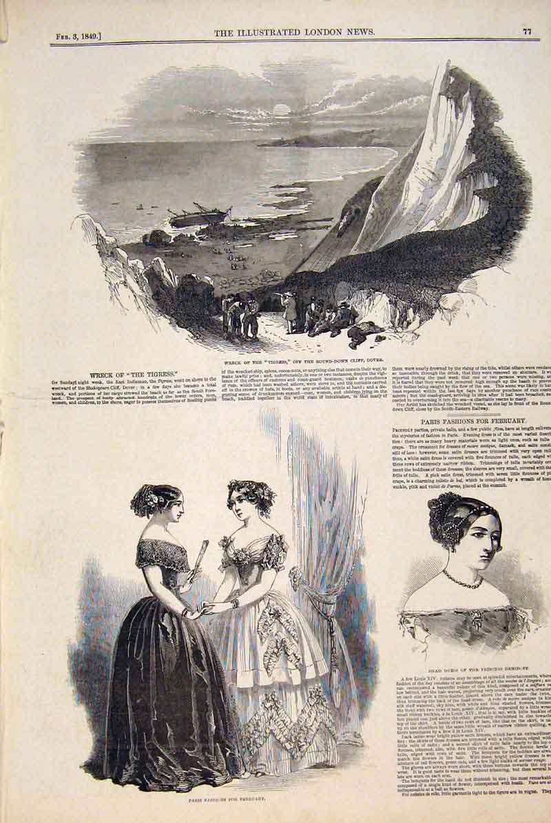 Old Antique Print Wreck Tigress Dover Paris Fashions Head Dress Demidoff