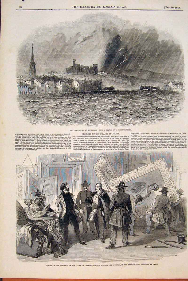 Original Old Antique Print Inverness Floods Scotland Portraits Chambord Paris