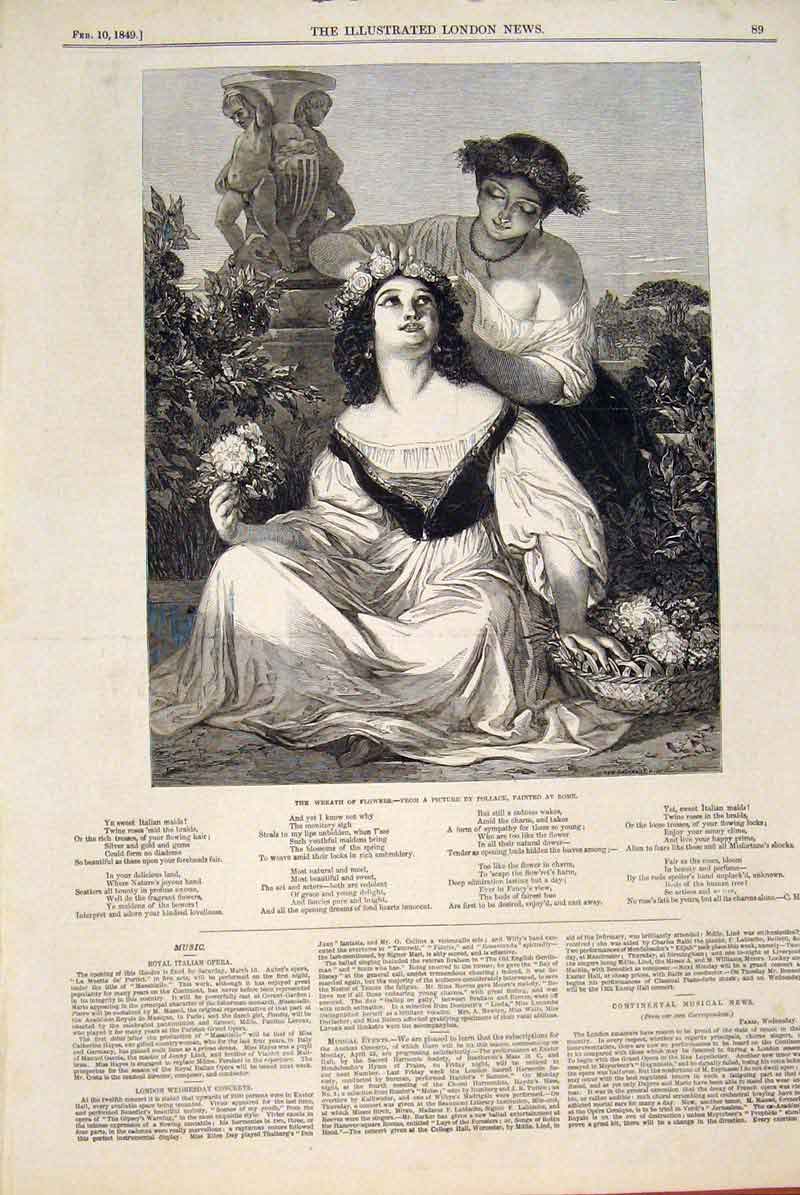 Old Antique Print Wreath Flowers Pollack Rome Italy Ladies Fine Art 1849 19th