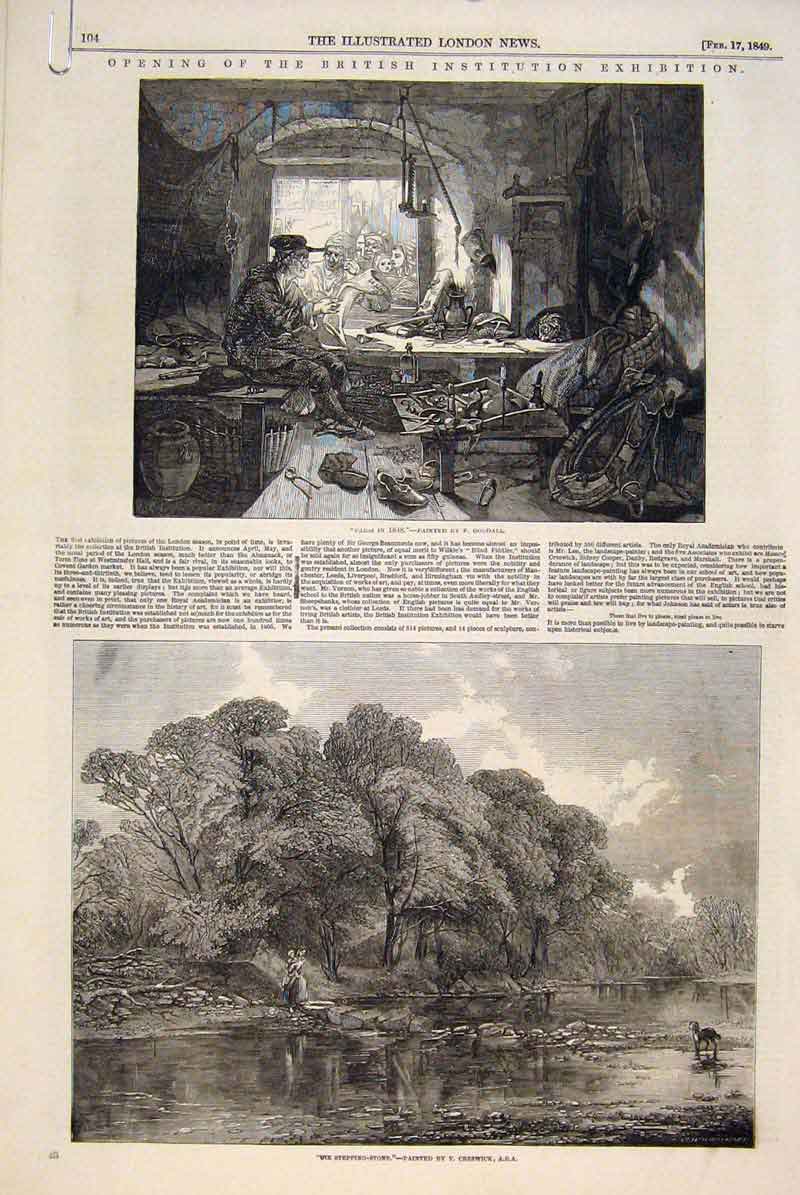 Original Old Antique Print British Institution Exhibition Fine Art 1849 19th