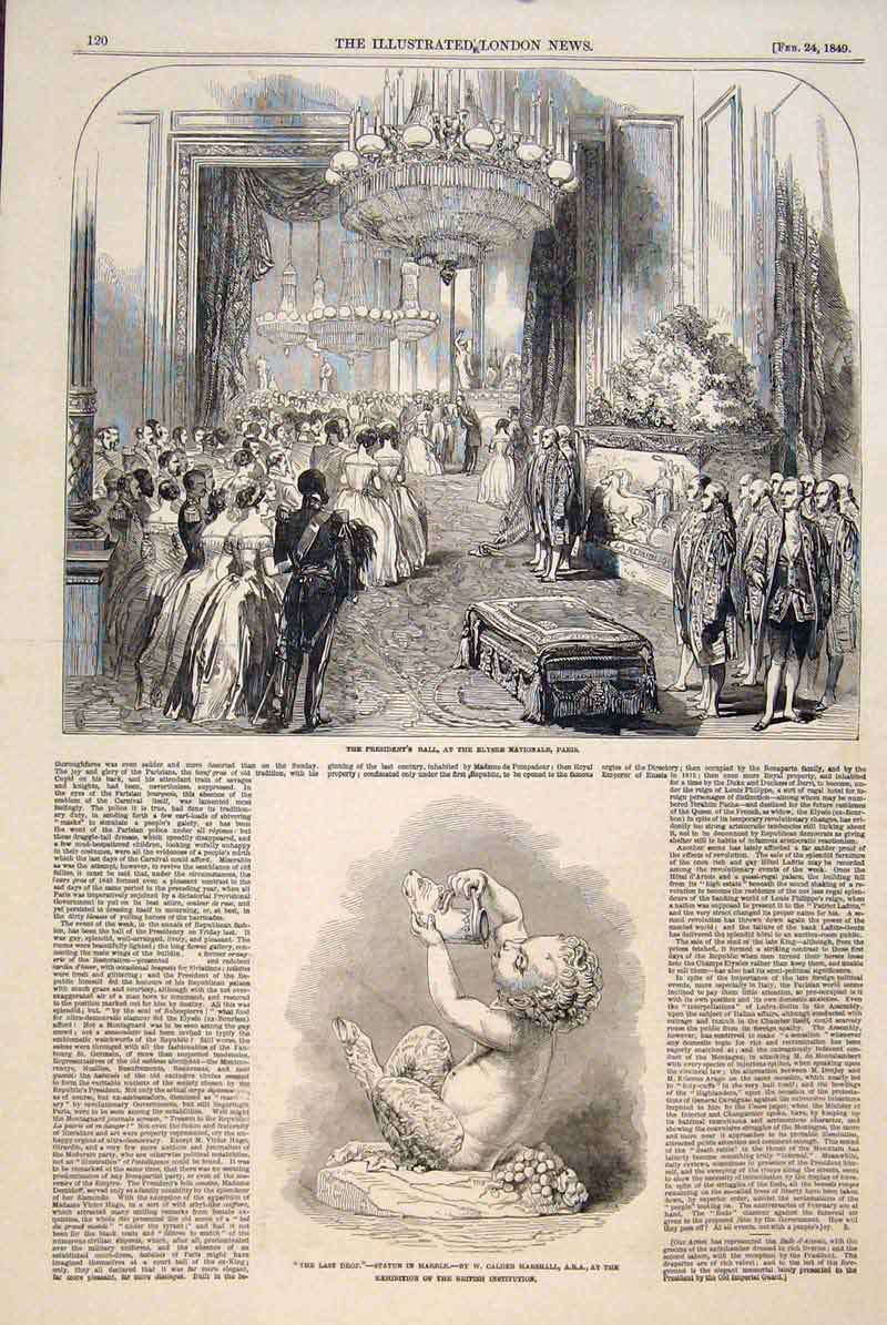 Old Antique Print President Ball Elysee Paris Statue Marble Marshall 1849 19th