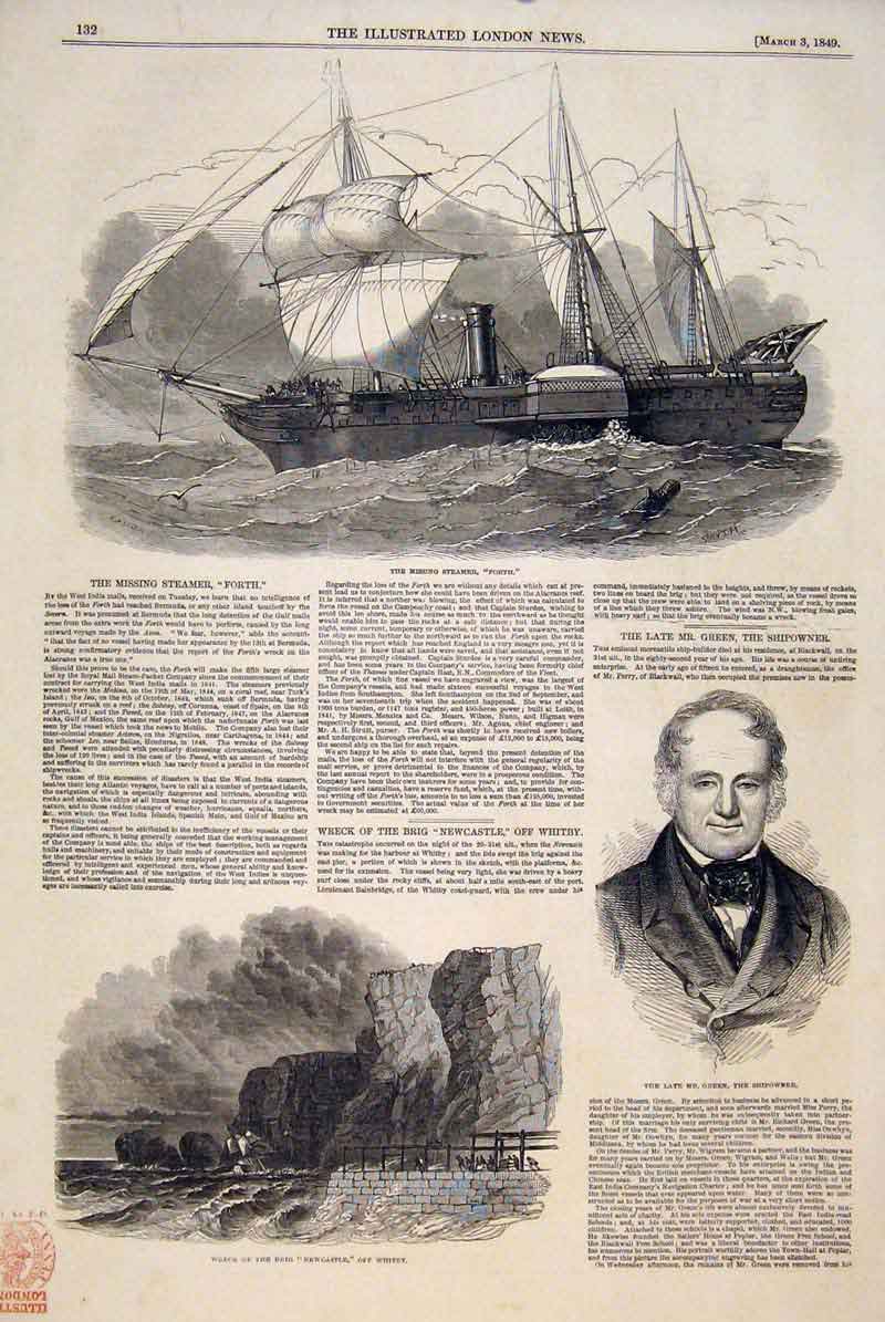 Original Old Antique Print Steamer Forth Wreck Brig Newcastle Whitey Green 1849