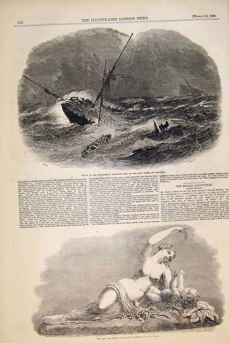 Original Old Antique Print Wreck Floridan Harwich Marble Foley Ino Bacchus 1849