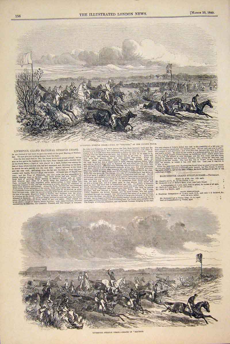 Original Old Antique Print Liverpool Steeple Chase Kilfane Equinox Horses 1849