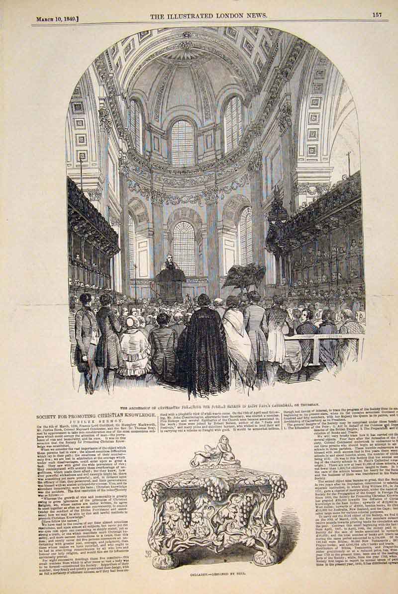 Original Old Antique Print Archbishop Canterbury Cathedral Cellaret Bell 1849