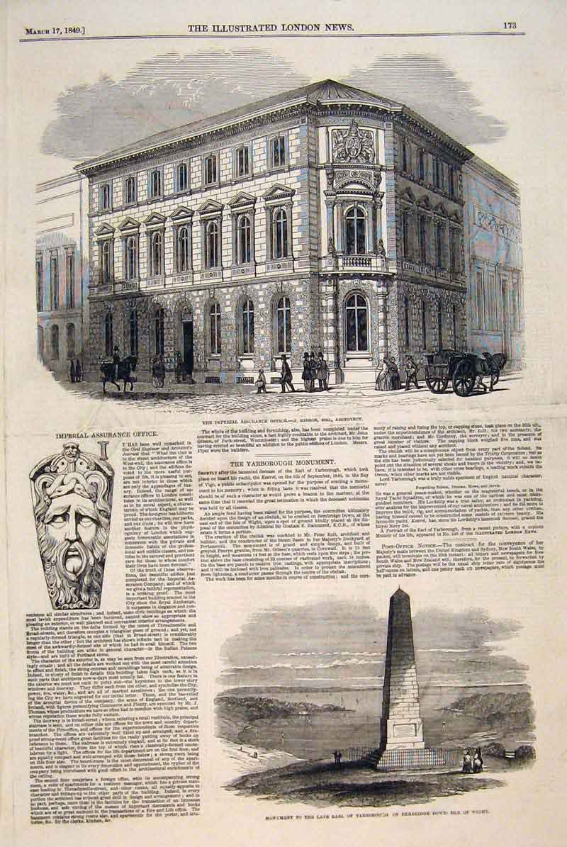 Old Antique Print Imperial Assurance Office Gibson Yarborough Isle Wight