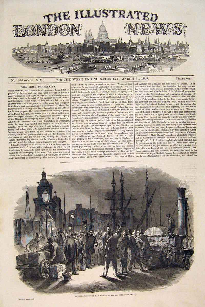 Original Old Antique Print Napier Dover Embarkation 1849 19th Century