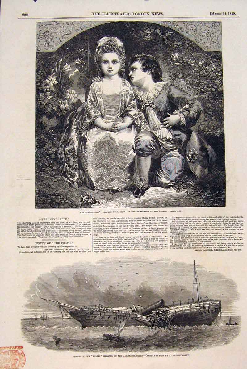 Original Old Antique Print Inexorable Sant Children Wreck Forth Alacranes 1849
