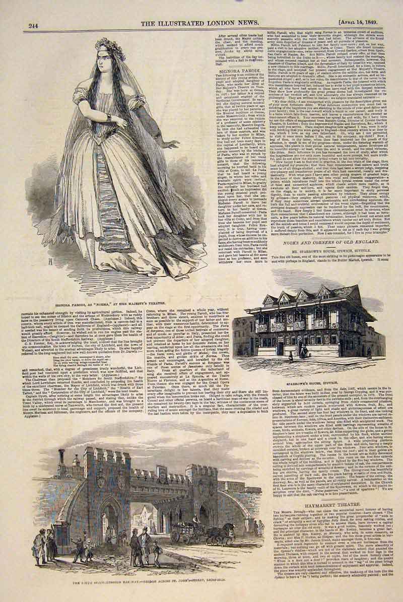Original Old Antique Print Parodi Theatre Sparrowe Ipswich Staffordshire Railway