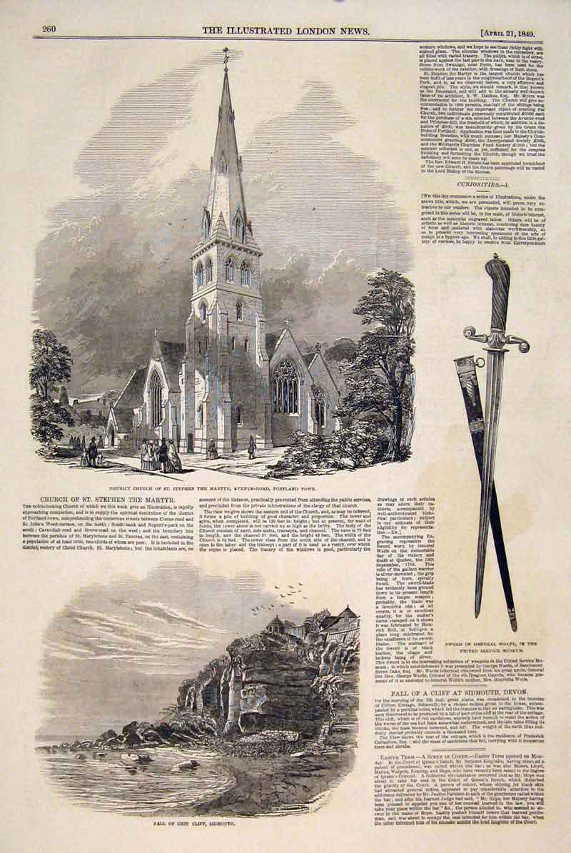Original Old Antique Print Church Portland Town Chit Cliff Sidmouth Sword Wolfe