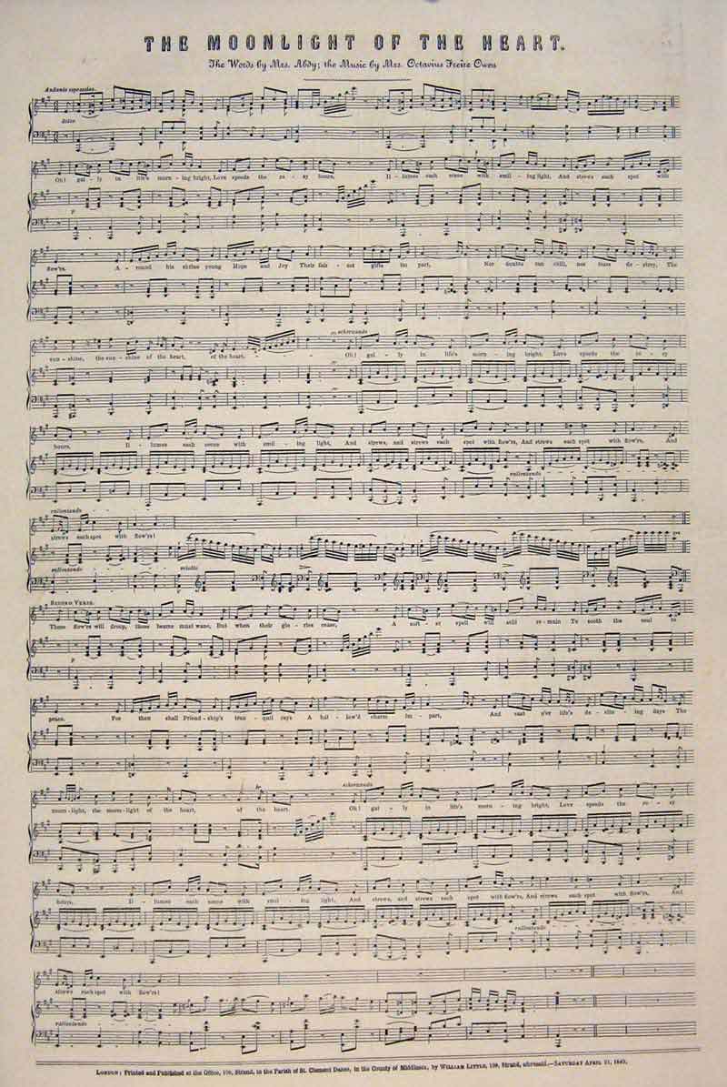Original Old Antique Print Moonlight Heart Song Music Abdy Owen 1849 Victorian