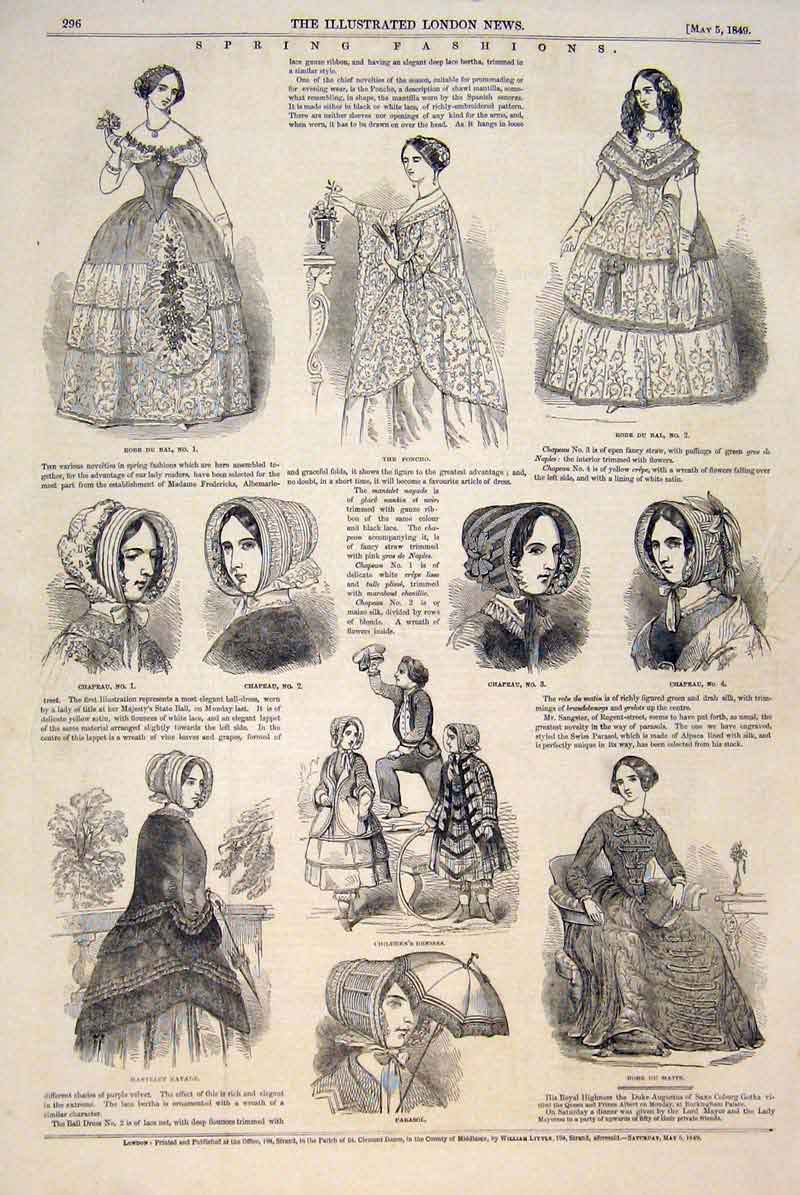 Original Old Antique Print Paris Fashions Robe Dress Hat Chapeau Parasol 1849