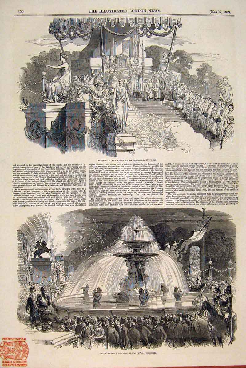 Original Old Antique Print Service Place Concorde Paris France Fountains 1849