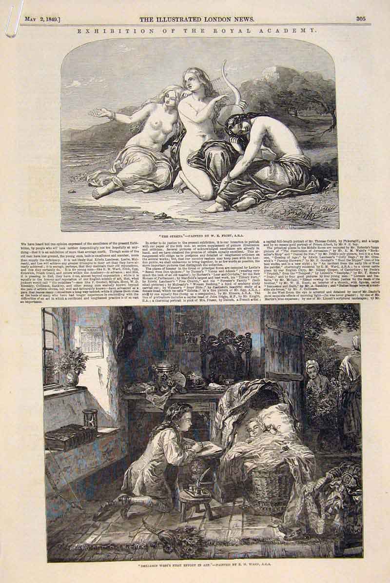 Original Old Antique Print Exhibition Royal Academy Fine Art 1849 Artists 19th