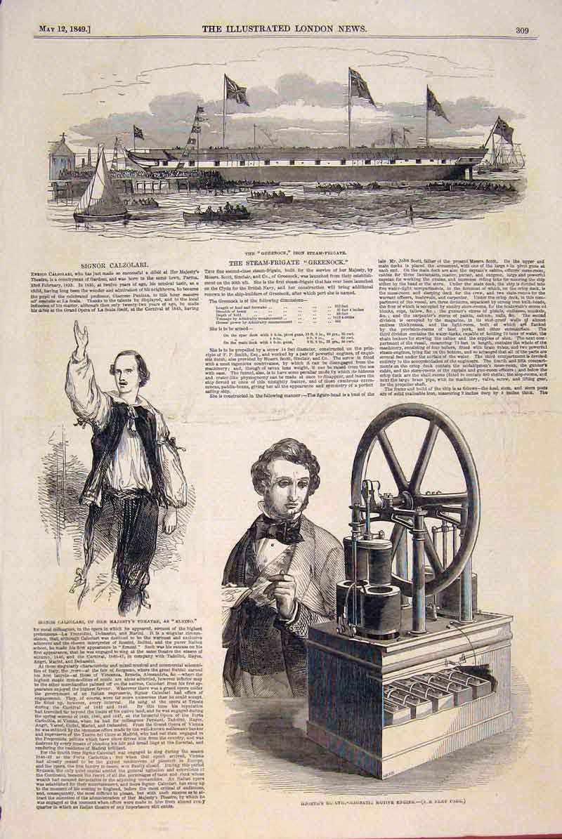 Original Old Antique Print Greenoch Engine Calzolari Steam Frigate 1849 19th