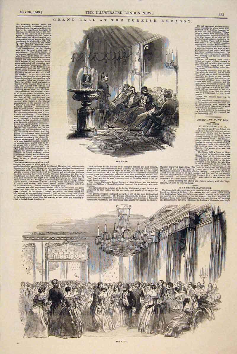 Original Old Antique Print Turkish Embassy Grand Ball Divan 1849 19th