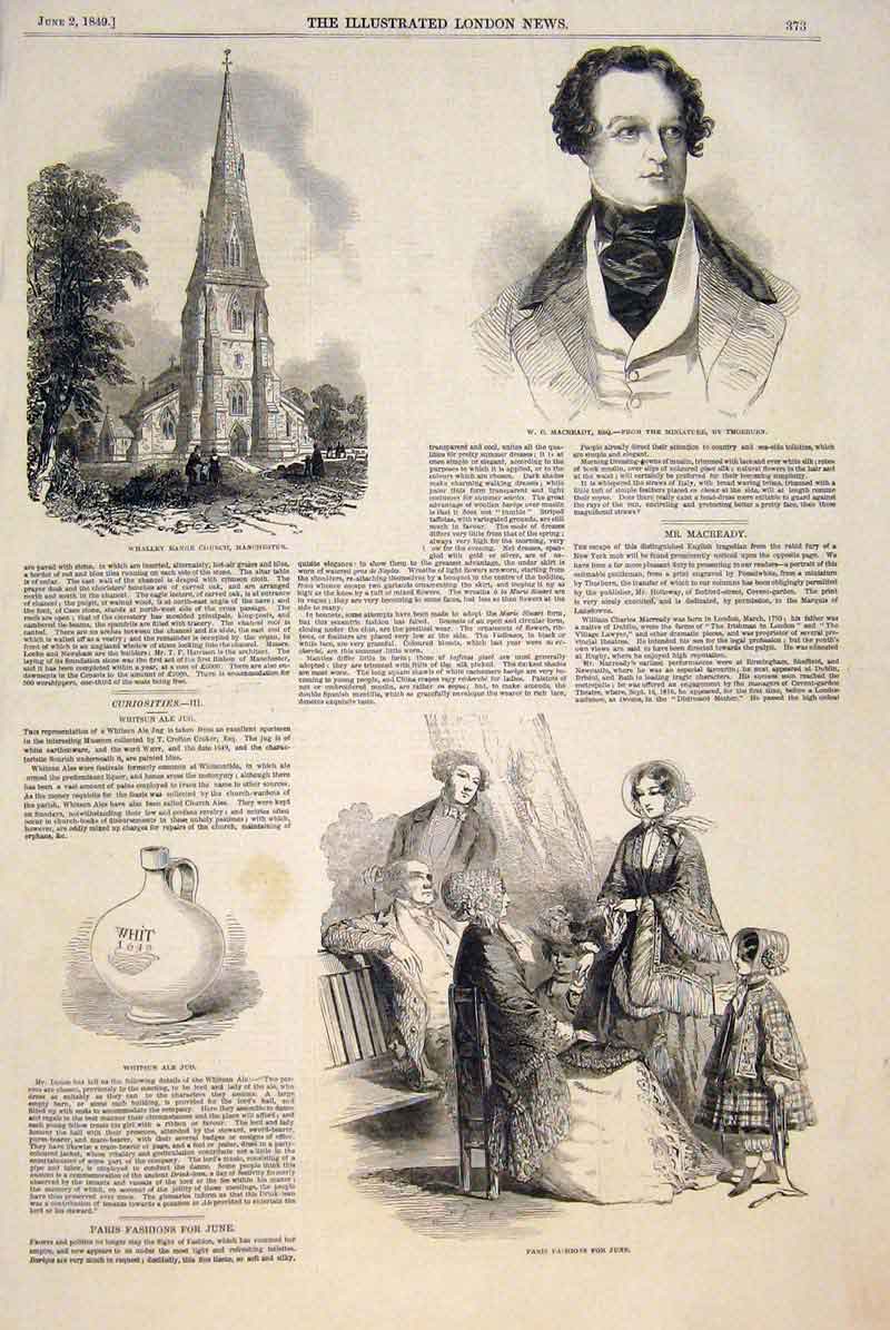 Old Antique Print Macready Thorburn Manchester Church Paris Fashions Jug