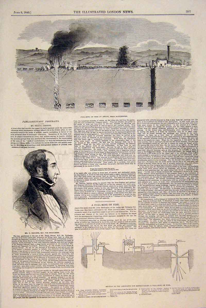 Original Old Antique Print Coal Mine Manchester Osborne Middlesex 1849 Victorian