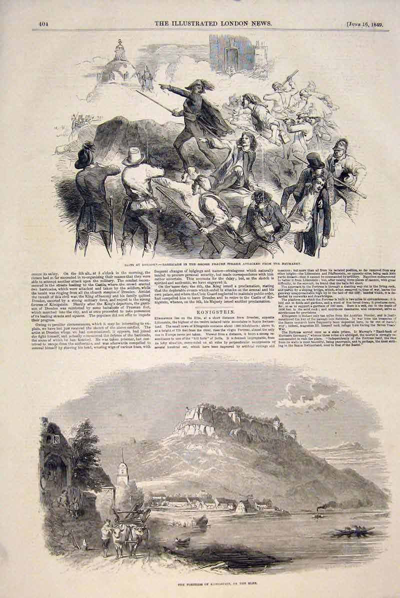 Original Old Antique Print Riots Dresden Germany Konigstein Elbe 1849 Victorian