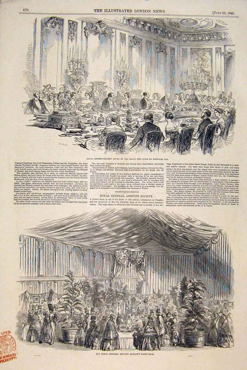 Original Old Antique Print Norfolk Duke Royal General Annuity Society Sale 1849
