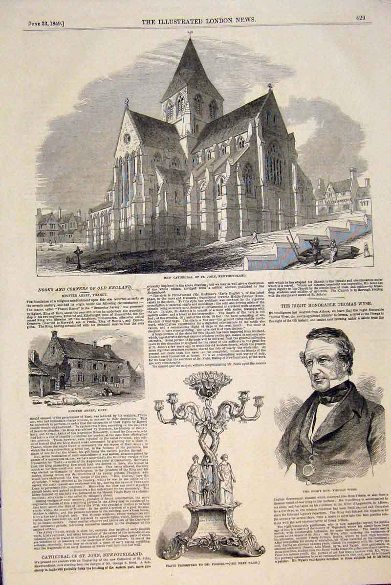 Original Old Antique Print Cathedral Newfoundalnd Minster Abbey Kent Wyse Forbes