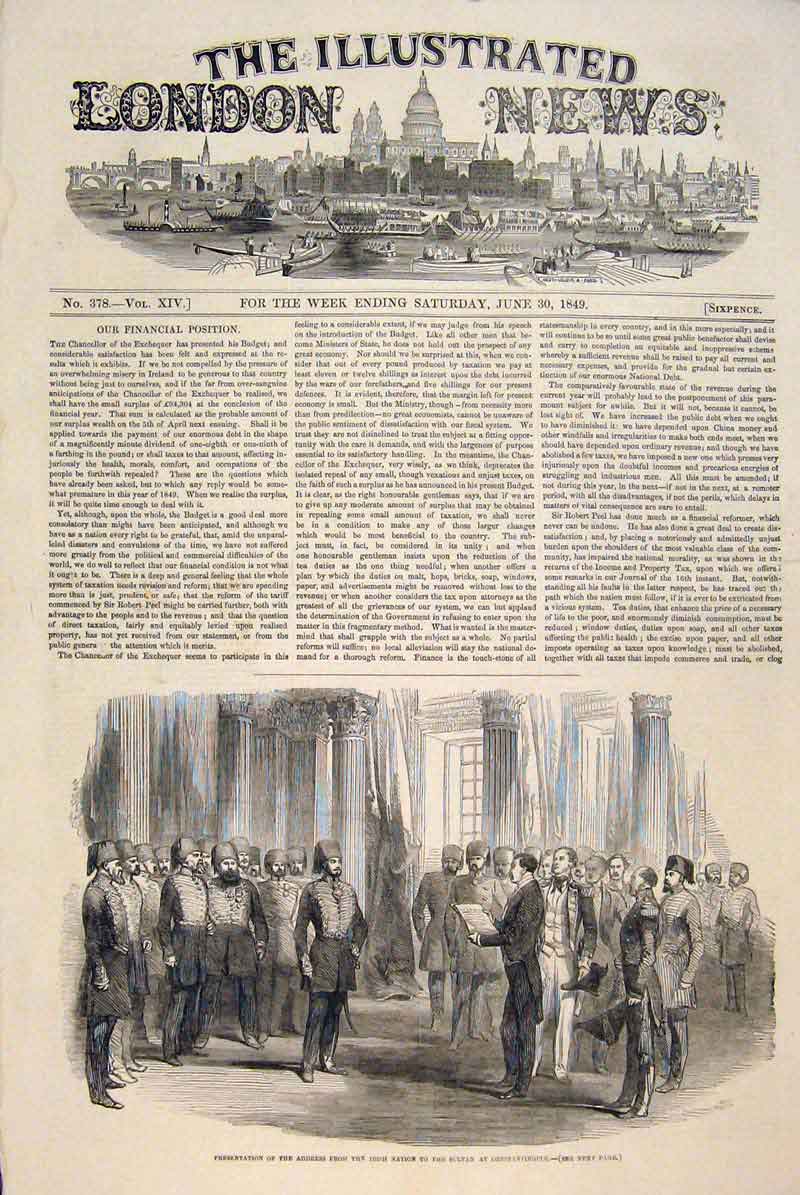 Original Old Antique Print Irish Nation Sultan Constantinople Presentation 1849