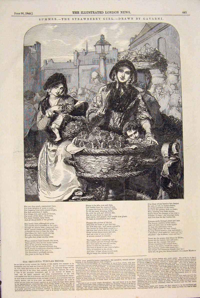 Original Old Antique Print Gavarni Strawberry Girl Mackay Song Poem 1849 19th