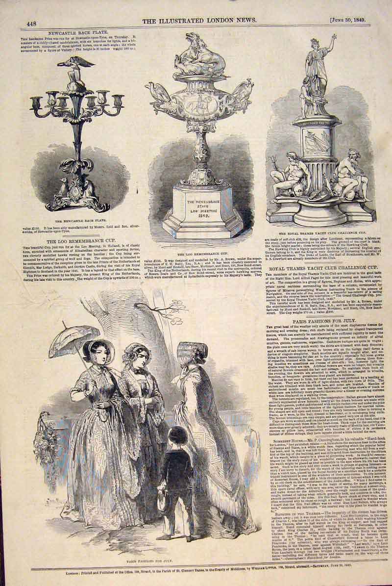 Original Old Antique Print Newcastle Race Plate Cup Thames Yacht Paris Fashions