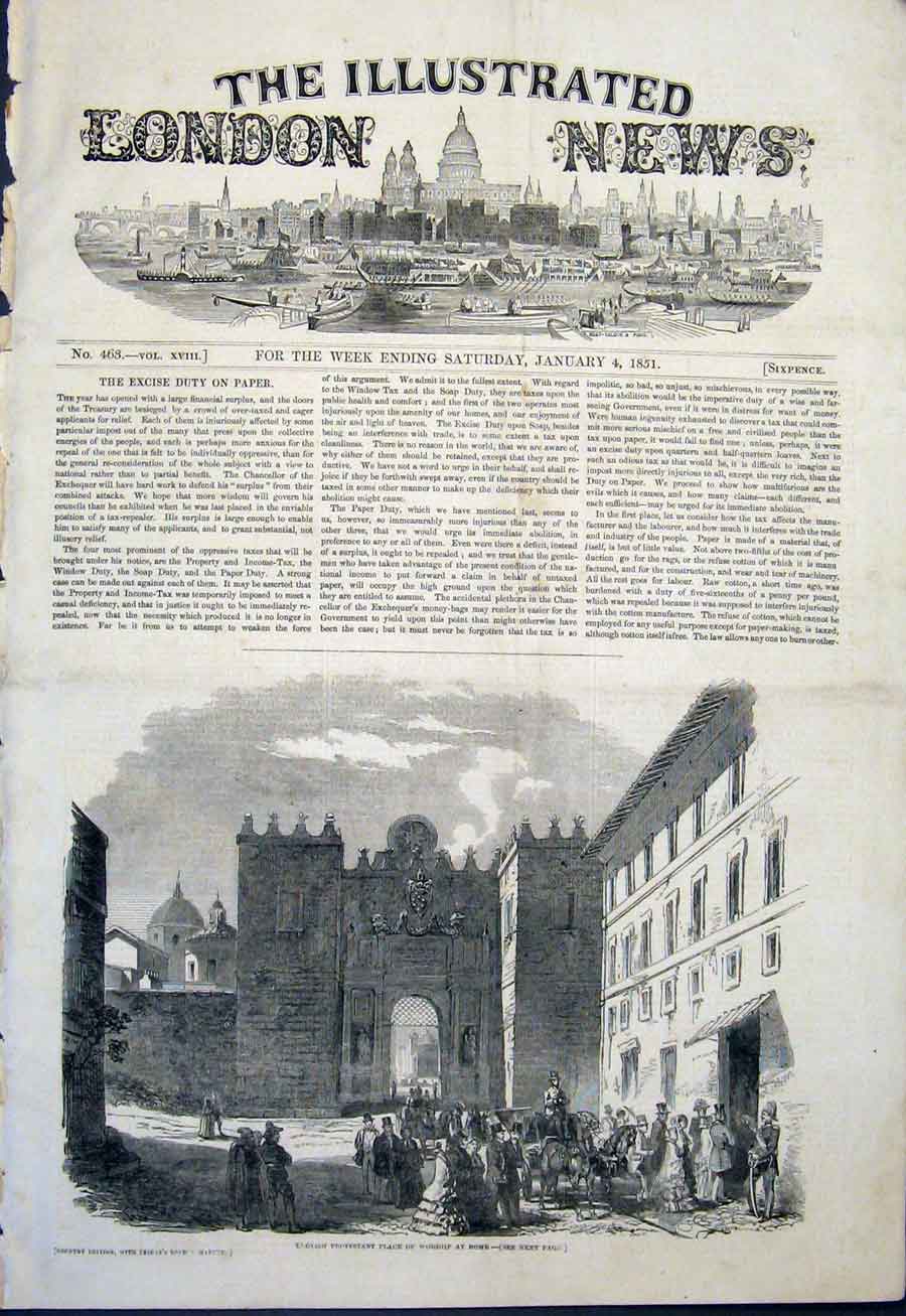 Original Old Antique Print English Protestant Worship Rome Italy 1851 Victorian