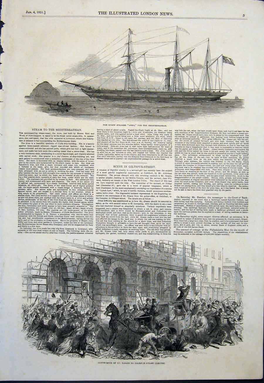 Original Old Antique Print Screw Steamer Arno Ship Sloane Giltspur Street London