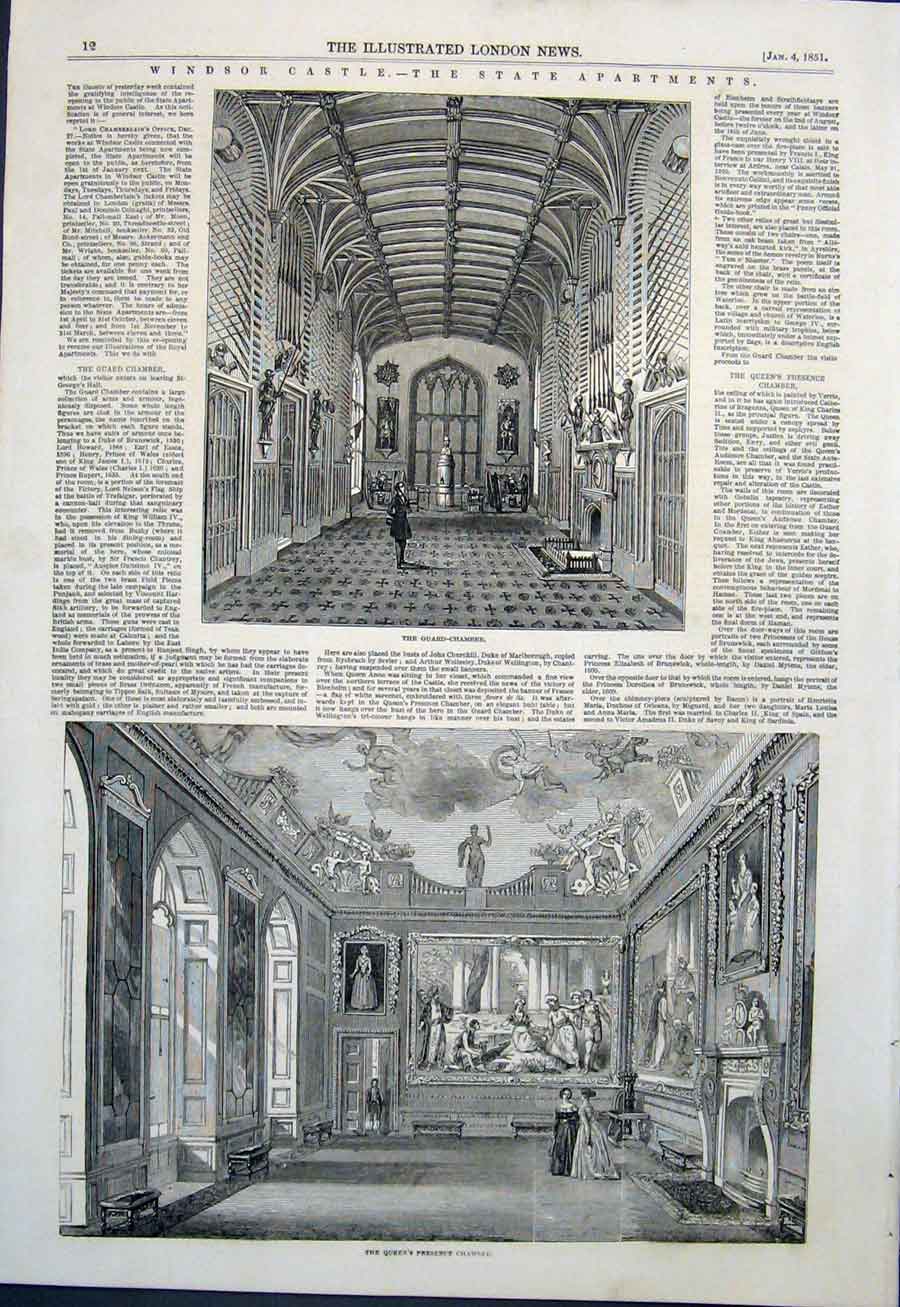 Original Old Antique Print Windsor Castle Apartments Guard Chamber 1851 19th