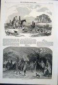 Original Old Antique Print Hare Hunting Hunt Hounds Apple Tree Devonshire 1851