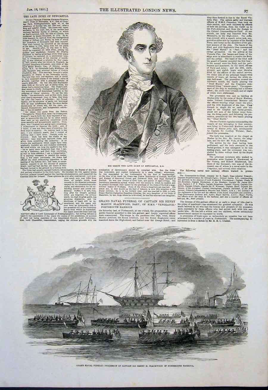 Old Antique Print Newcastle Duke Naval Funeral Navy Blackwood Portsmouth