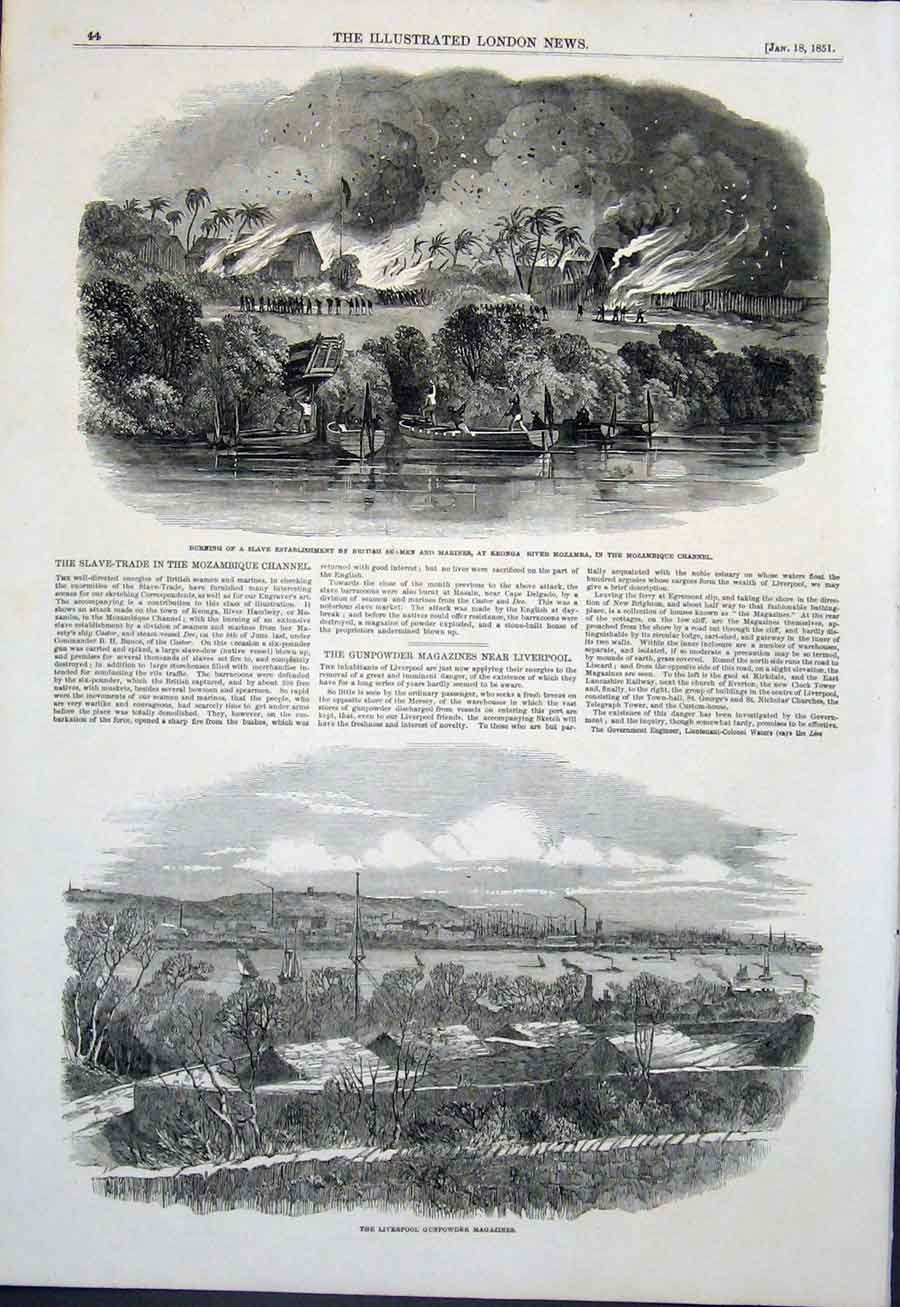 Original Old Antique Print Keonga Mozambique Marines Seamen Liverpool Gunpowder